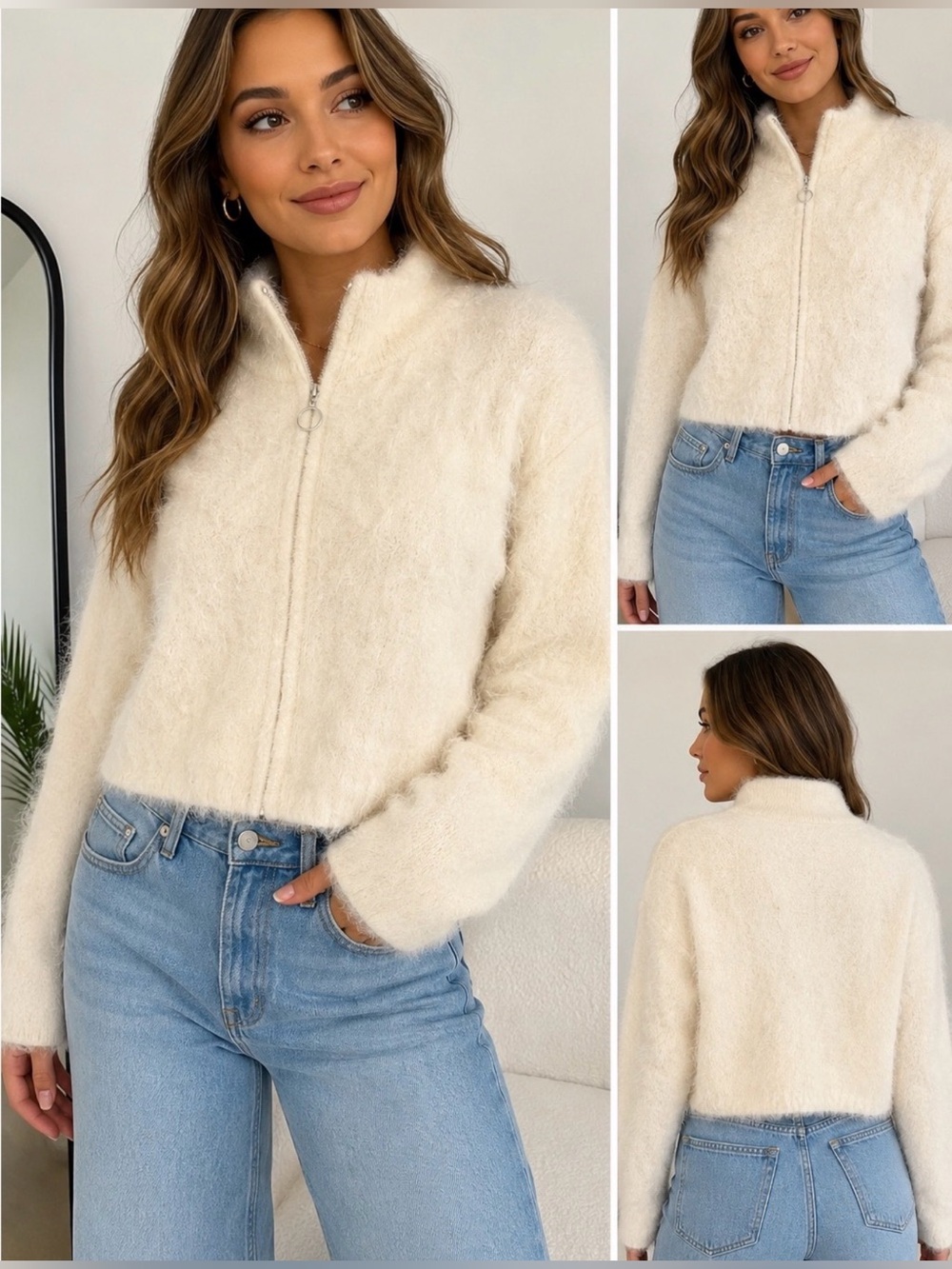 🆕 Fuzzy Cropped Zip-Up Sweater Jacket Ivory Cream Mock Neck Soft Knit